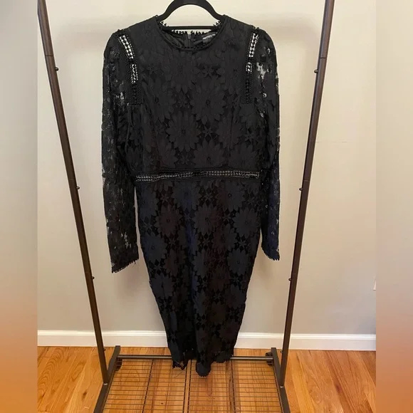 NWT Pretty Little Thing black lace long sleeve knee length dress size 12 - Picture 1 of 6